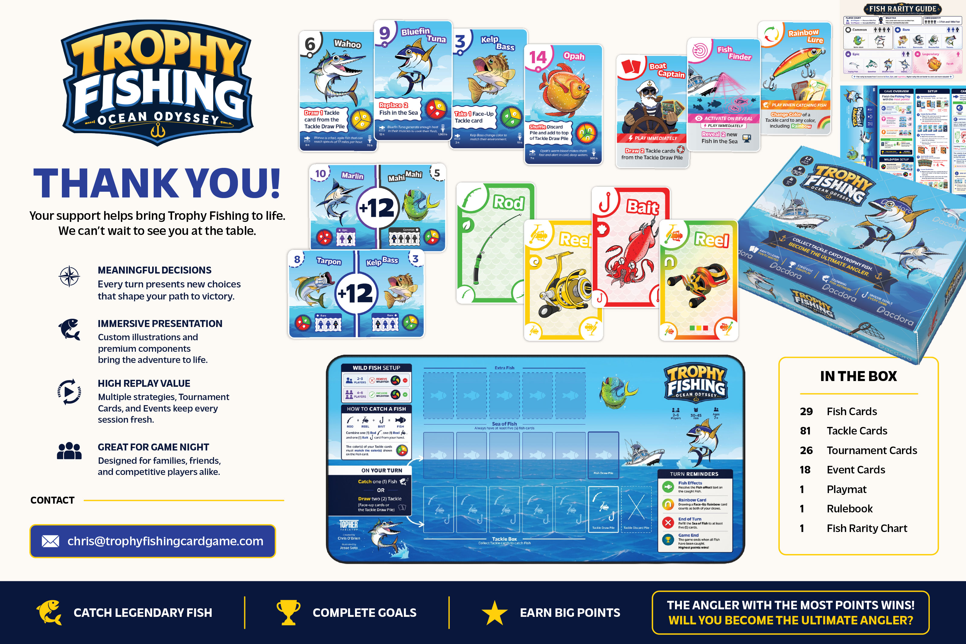 Trophy Fishing product showcase with cards, packaging, playmat, and printed materials
